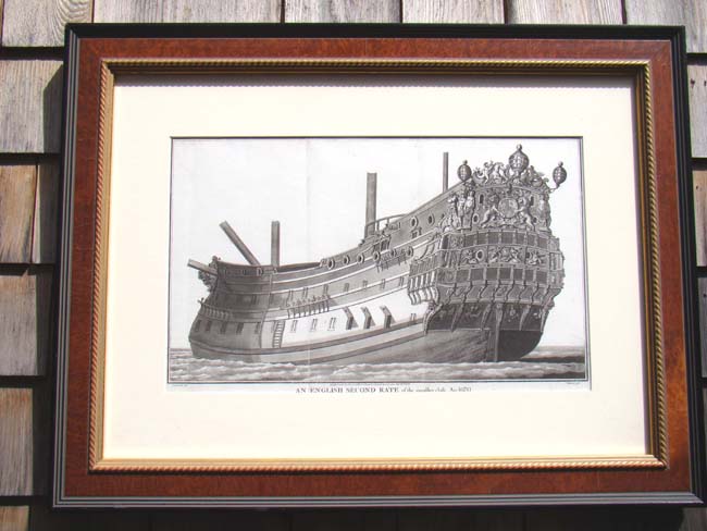 A beautiful copper plate engraving published in 1801 of 'An English Second Rate' ship -of-the line circa 1670